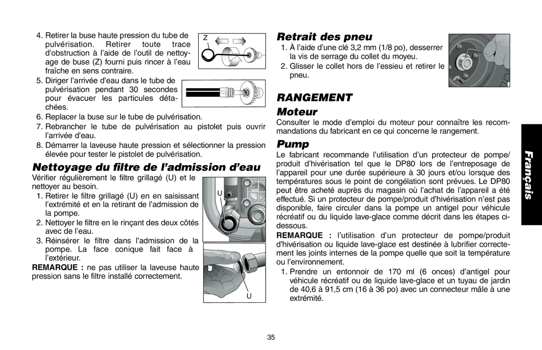 Delta DP3400 instruction manual Nettoyage du filtre de l’admission d’eau, Retrait des pneu, Rangement 