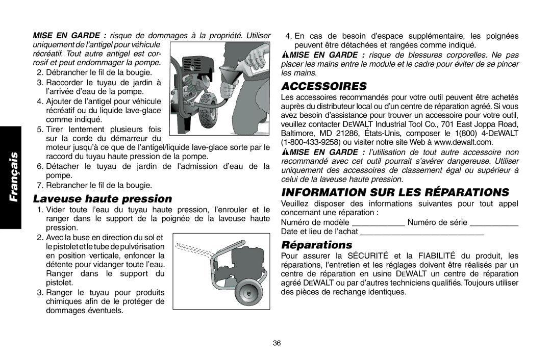 Delta DP3400 instruction manual Laveuse haute pression, Accessoires, Information SUR LES Réparations 