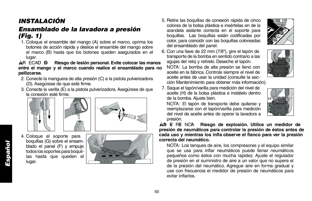 Delta DP3400 instruction manual Instalación, Ensamblado de la lavadora a presión Fig 