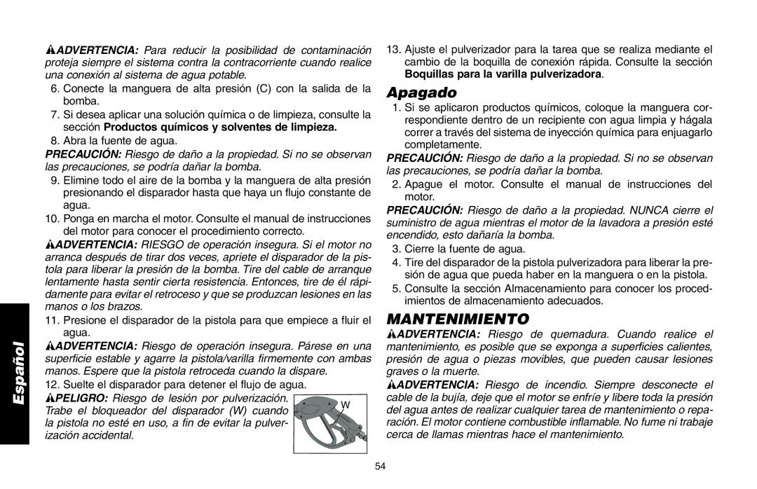 Delta DP3400 Apagado, Mantenimiento, Abra la fuente de agua, Suelte el disparador para detener el flujo de agua 