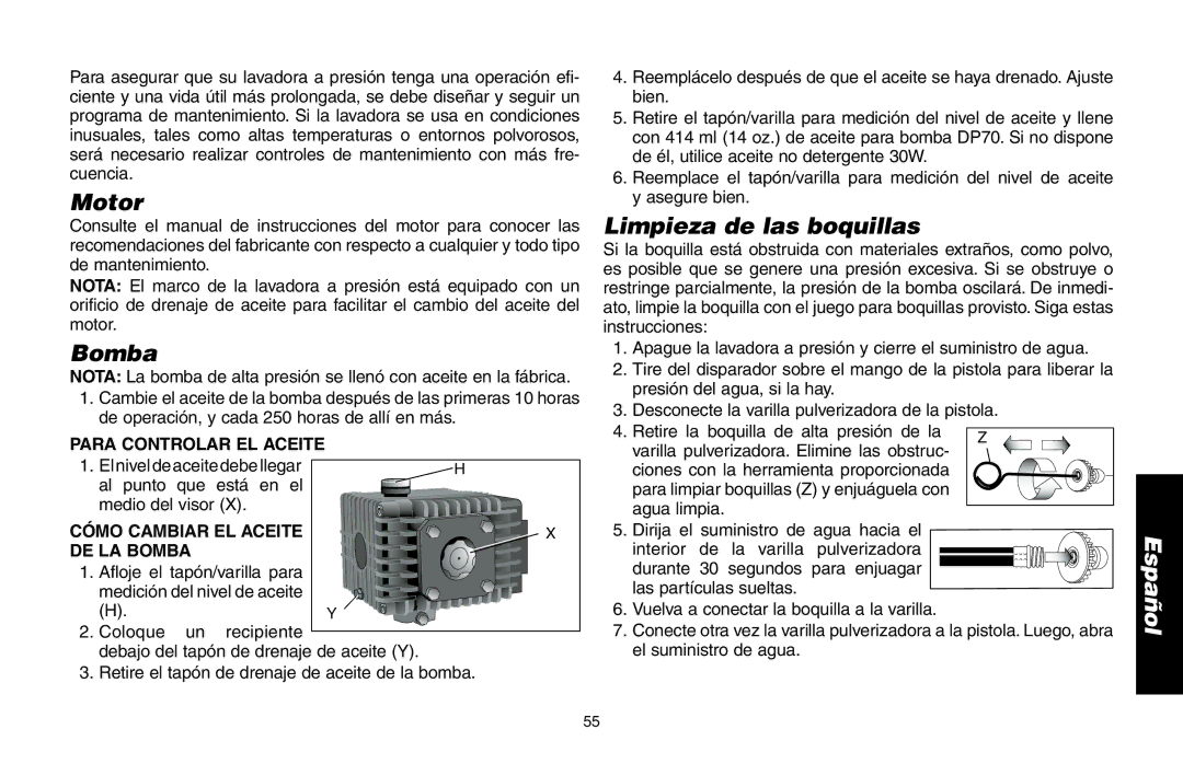 Delta DP3400 Motor, Limpieza de las boquillas, Para Controlar EL Aceite, Cómo Cambiar EL Aceite DE LA Bomba 