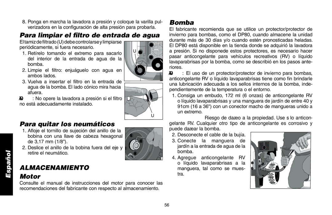 Delta DP3400 instruction manual Para limpiar el filtro de entrada de agua, Para quitar los neumáticos, Almacenamiento 