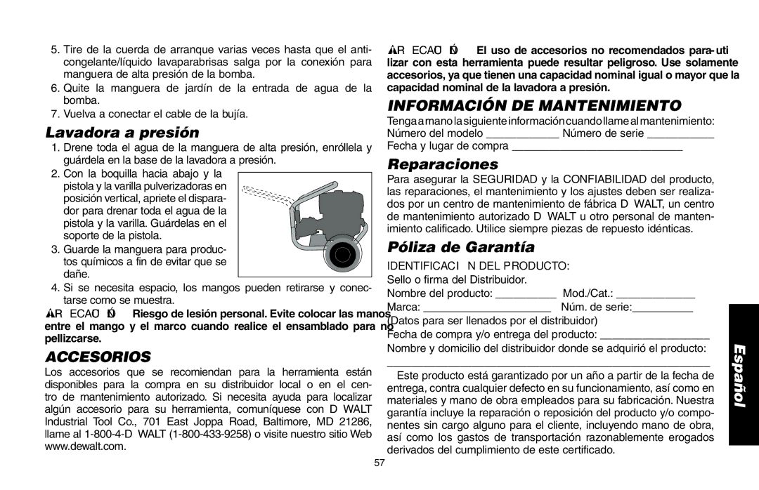 Delta DP3400 Lavadora a presión, Accesorios, Información DE Mantenimiento, Reparaciones, Póliza de Garantía 