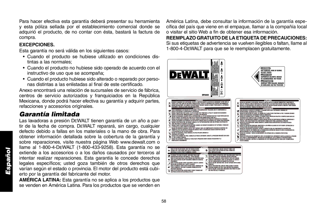 Delta DP3400 instruction manual Garantía limitada, Excepciones 