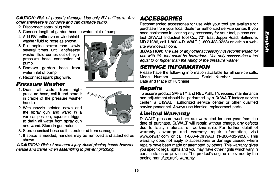 Delta DP3400 instruction manual Pressure Washer, Accessories, Service Information, Repairs, Limited Warranty, English 