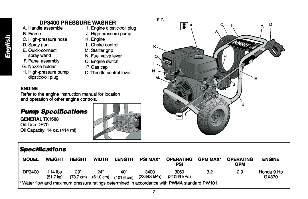 Delta English, Pump Specifications, DP3400 Pressure Washer, Engine, general tx1508 Oil Use DP70, Model, Weight, Height 
