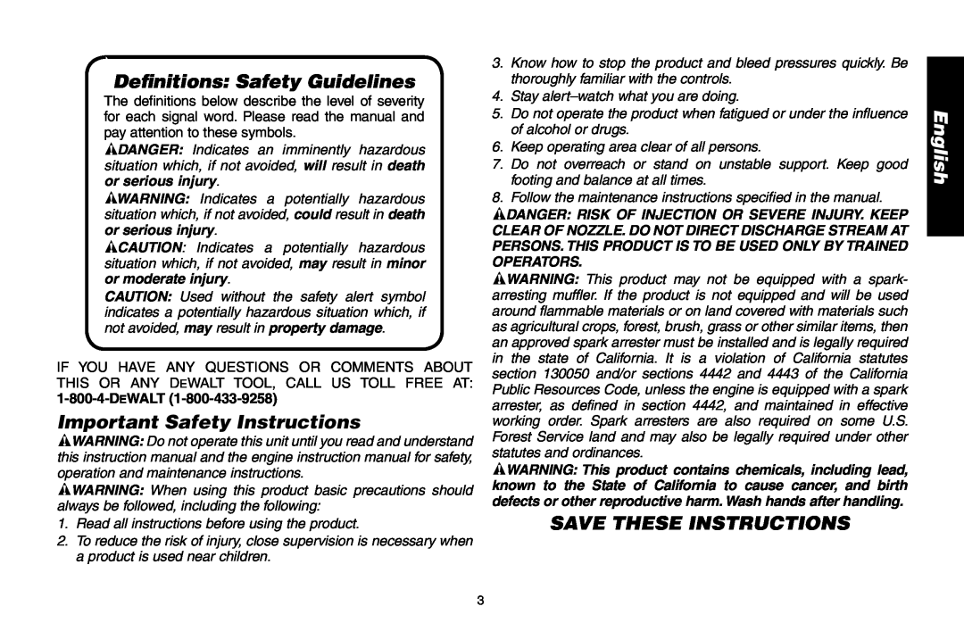 Delta DP3400 Definitions Safety Guidelines, Important Safety Instructions, Save these instructions, DeWALT, English 