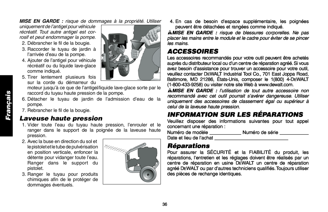Delta DP3400 instruction manual Laveuse haute pression, Accessoires, Information Sur Les Réparations, Français 