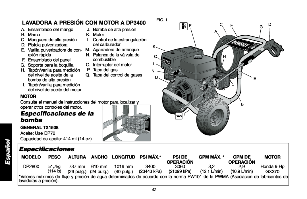 Delta Especificaciones de la bomba, Español, LAVADORA A PRESIÓN CON MOTOR A DP3400, Motor, Modelo, Peso, Altura, Ancho 
