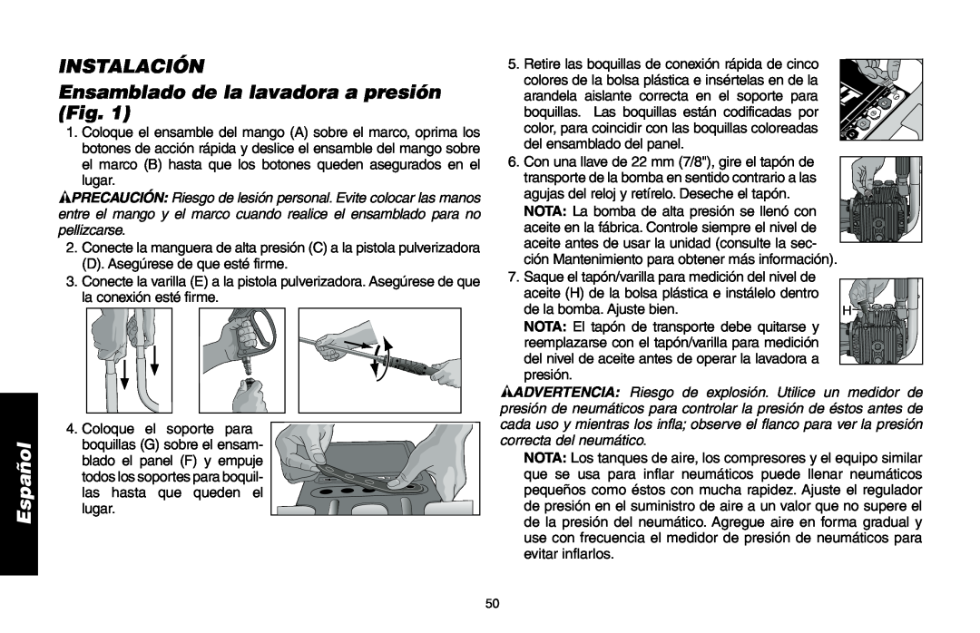 Delta DP3400 instruction manual INSTALACIÓN Ensamblado de la lavadora a presión Fig, Español 