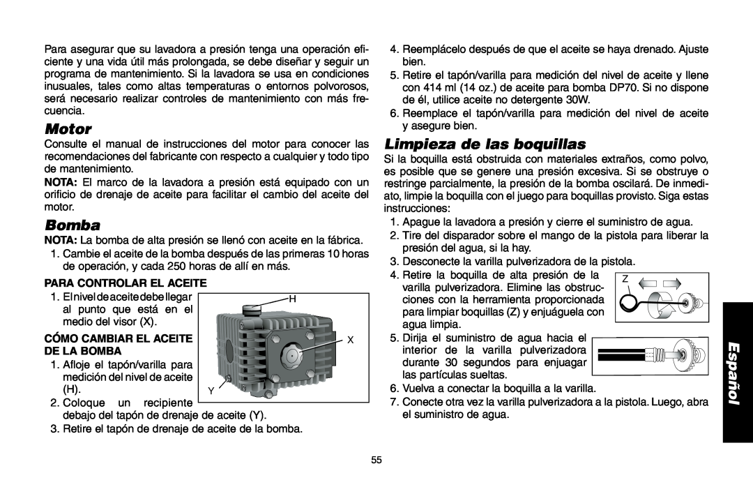 Delta DP3400 Motor, Limpieza de las boquillas, Para Controlar El Aceite, Cómo Cambiar El Aceite, De La Bomba, Español 