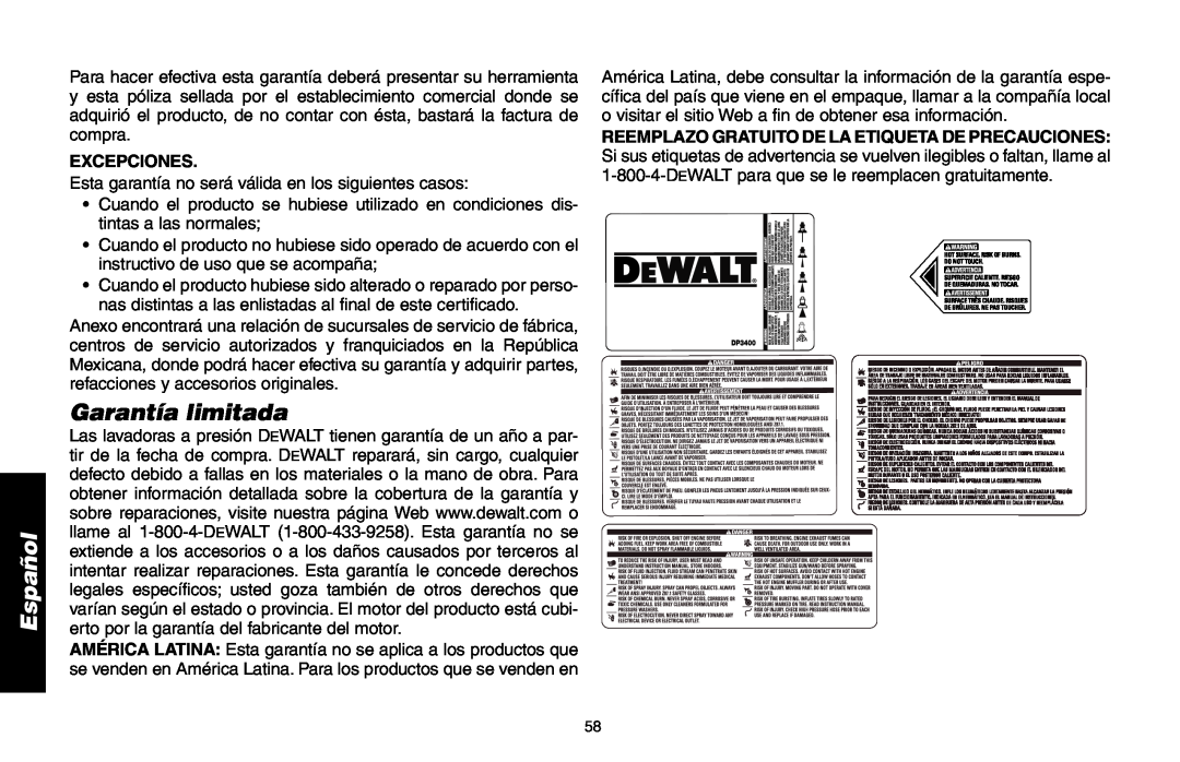 Delta DP3400 instruction manual Garantía limitada, Excepciones, Español 
