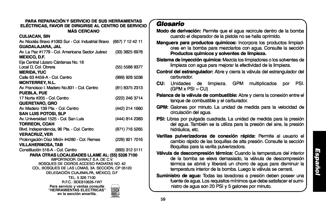 Delta DP3400 instruction manual Glosario, Español, Productos químicos y solventes de limpieza 