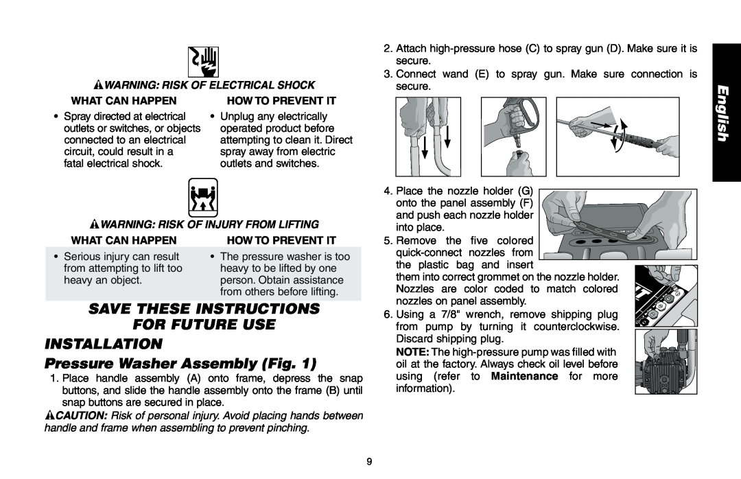 Delta DP3400 Save These Instructions, Pressure Washer Assembly Fig, WARNING RISK OF electrical Shock, English 
