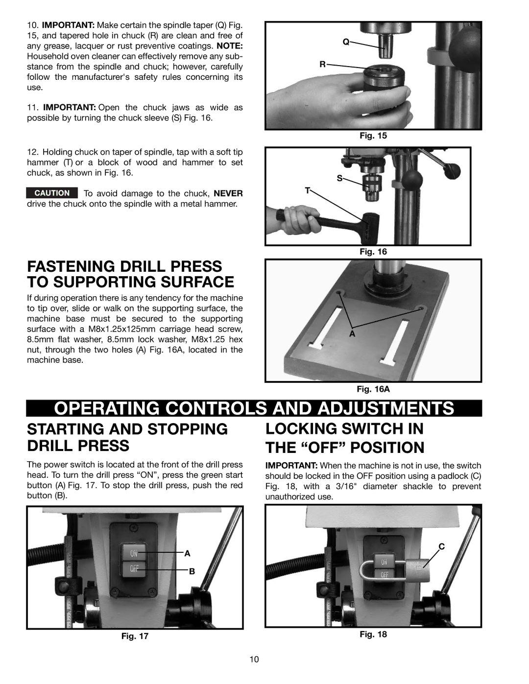 Delta DP350 Operating Controls and Adjustments, Fastening Drill Press to Supporting Surface, Locking Switch OFF Position 