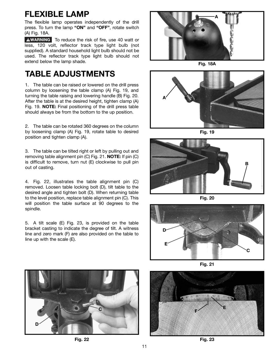 Delta DP350 instruction manual Flexible Lamp, Table Adjustments 