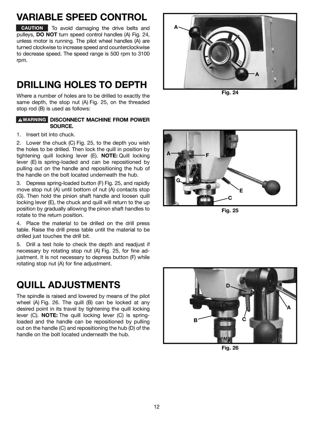 Delta DP350 instruction manual Variable Speed Control, Drilling Holes to Depth, Quill Adjustments 