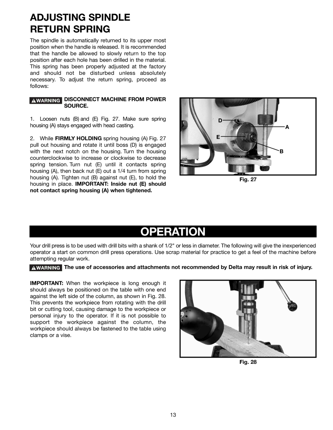 Delta DP350 instruction manual Operation, Adjusting Spindle Return Spring 