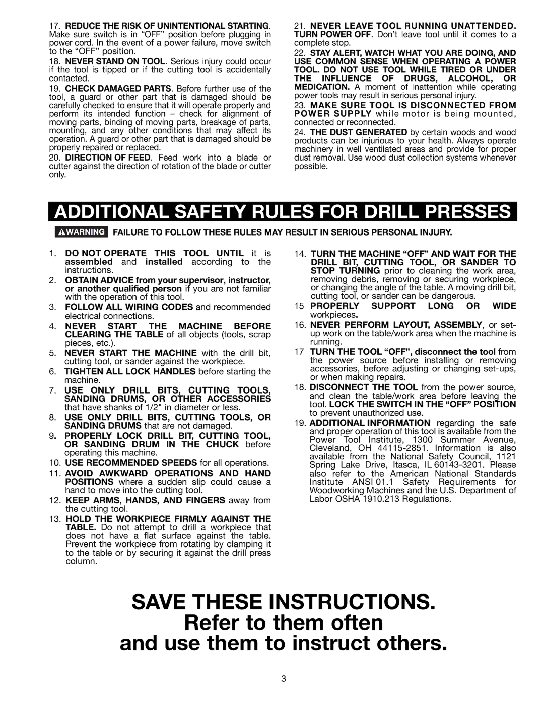 Delta DP350 instruction manual Refer to them often Use them to instruct others, Additional Safety Rules for Drill Presses 