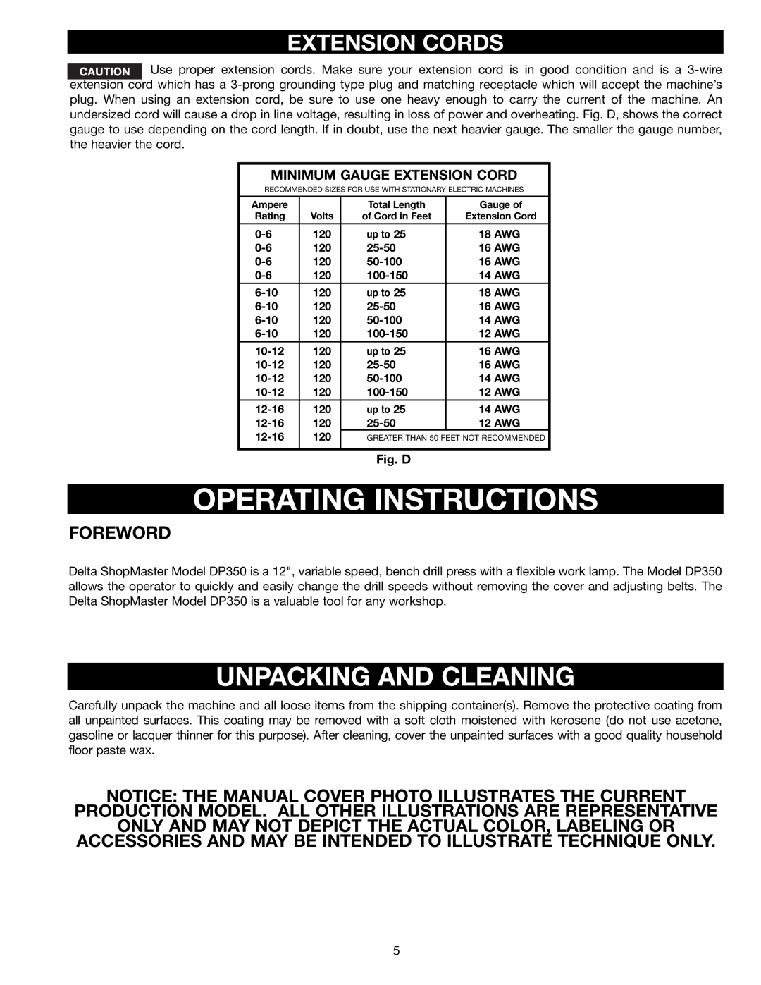 Delta DP350 instruction manual Unpacking and Cleaning, Extension Cords 