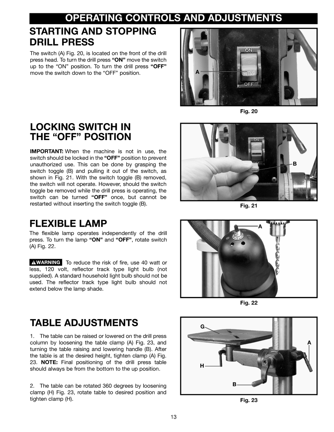 Delta DP400 Operating Controls and Adjustments, Starting and Stopping Drill Press, Locking Switch OFF Position 