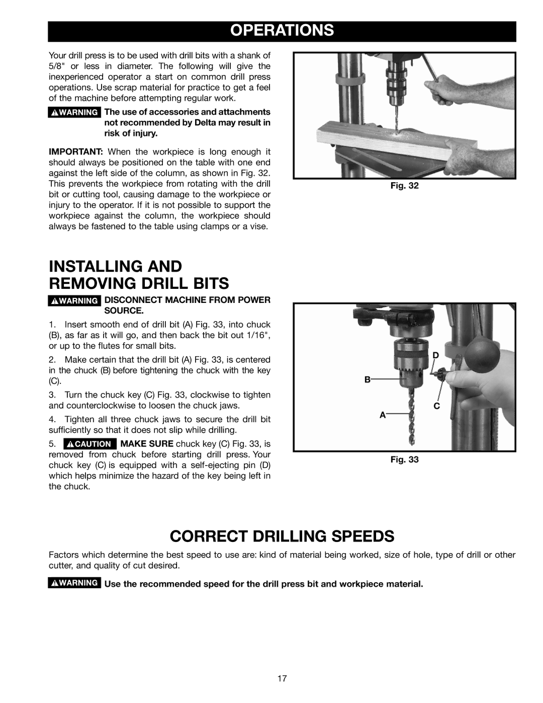 Delta DP400 instruction manual Operations, Installing and Removing Drill Bits, Correct Drilling Speeds 