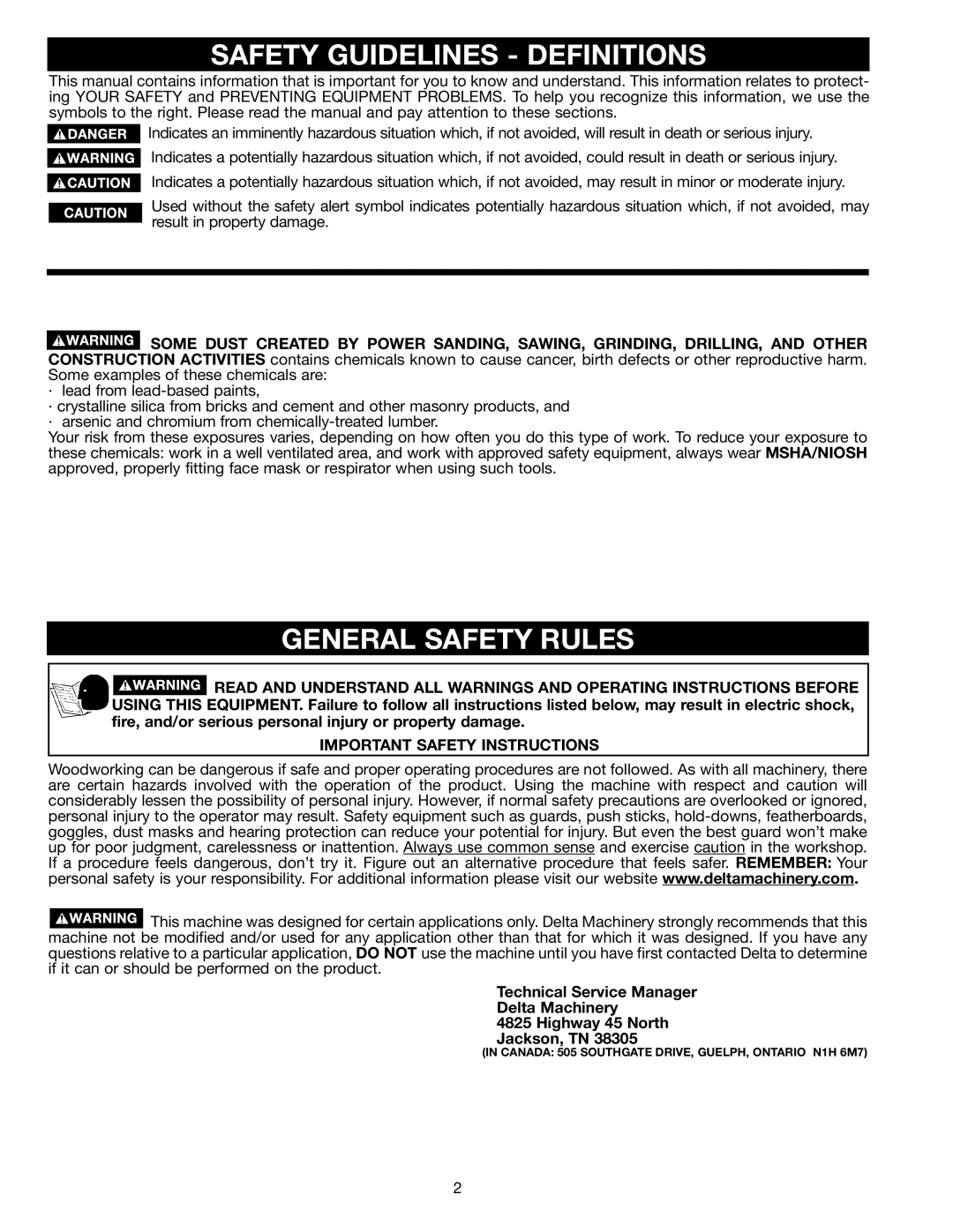 Delta DP400 instruction manual Safety Guidelines Definitions, General Safety Rules, Important Safety Instructions 