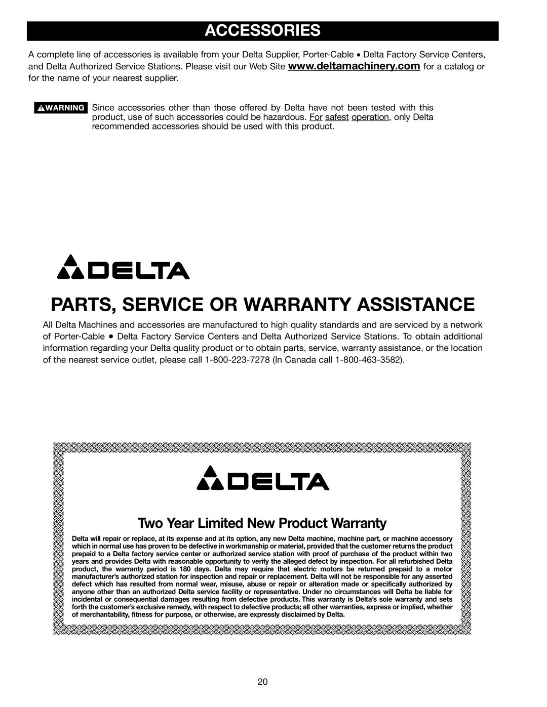 Delta DP400 instruction manual PARTS, Service or Warranty Assistance, Accessories 