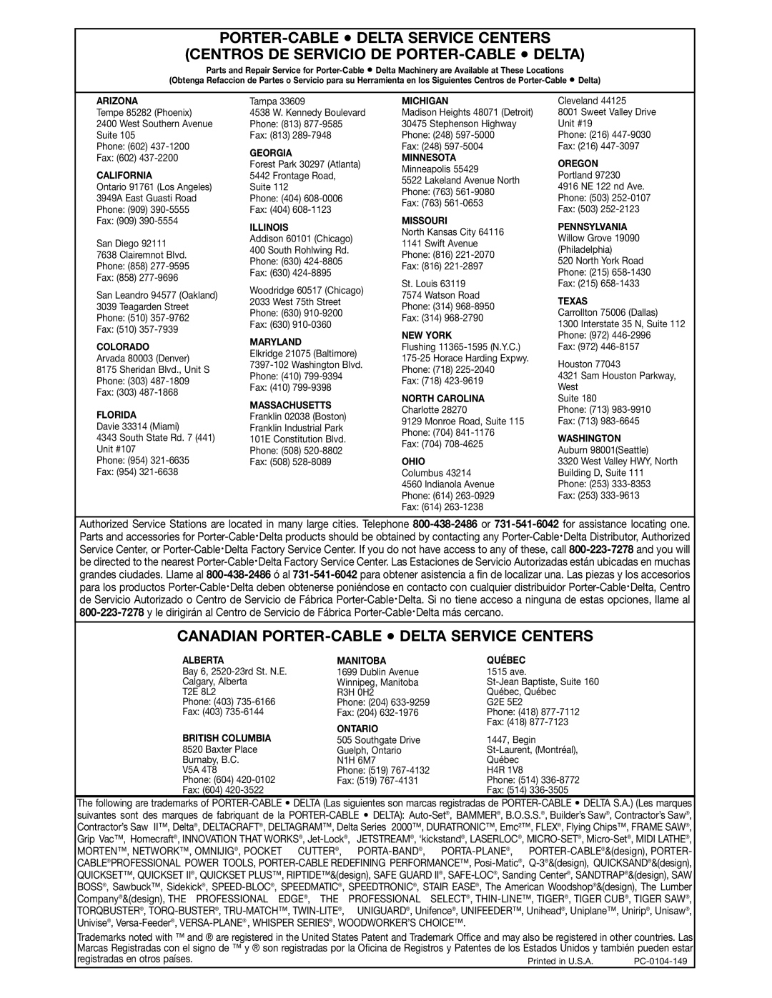 Delta DP400 instruction manual Canadian PORTER-CABLE Delta Service Centers 