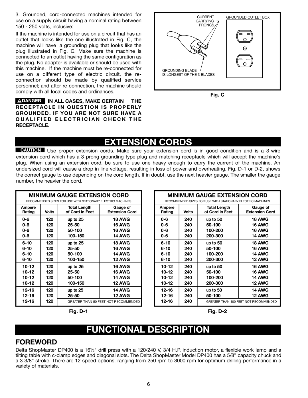 Delta DP400 instruction manual Extension Cords, Functional Description 