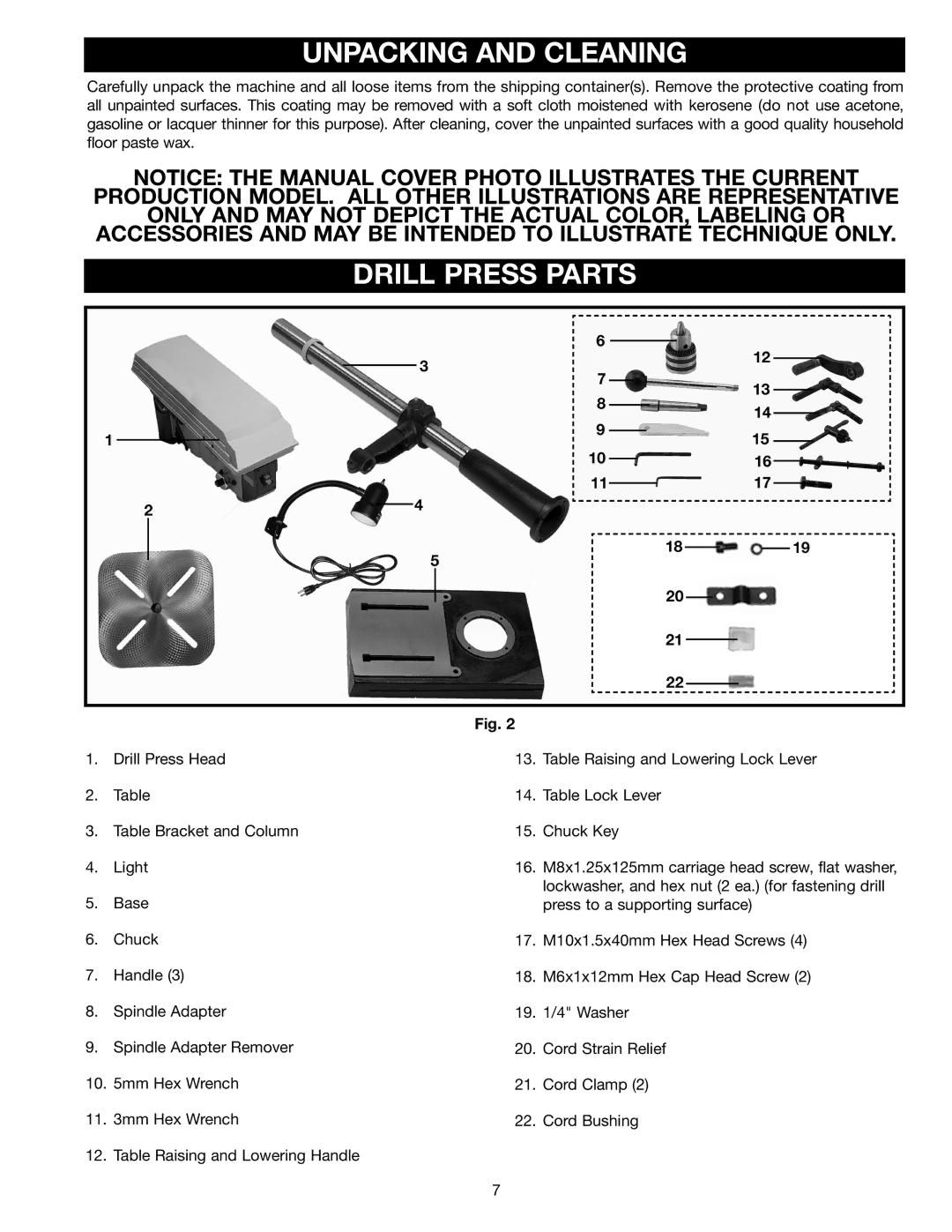 Delta DP400 instruction manual Unpacking and Cleaning, Drill Press Parts 