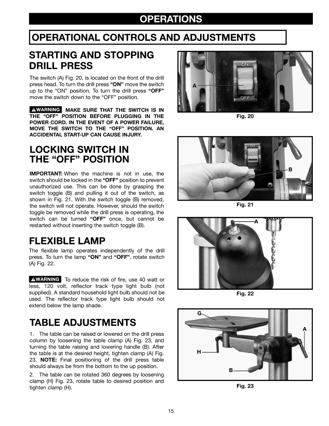 Delta DP400 instruction manual Operations, Locking Switch OFF Position, Flexible Lamp, Table Adjustments 