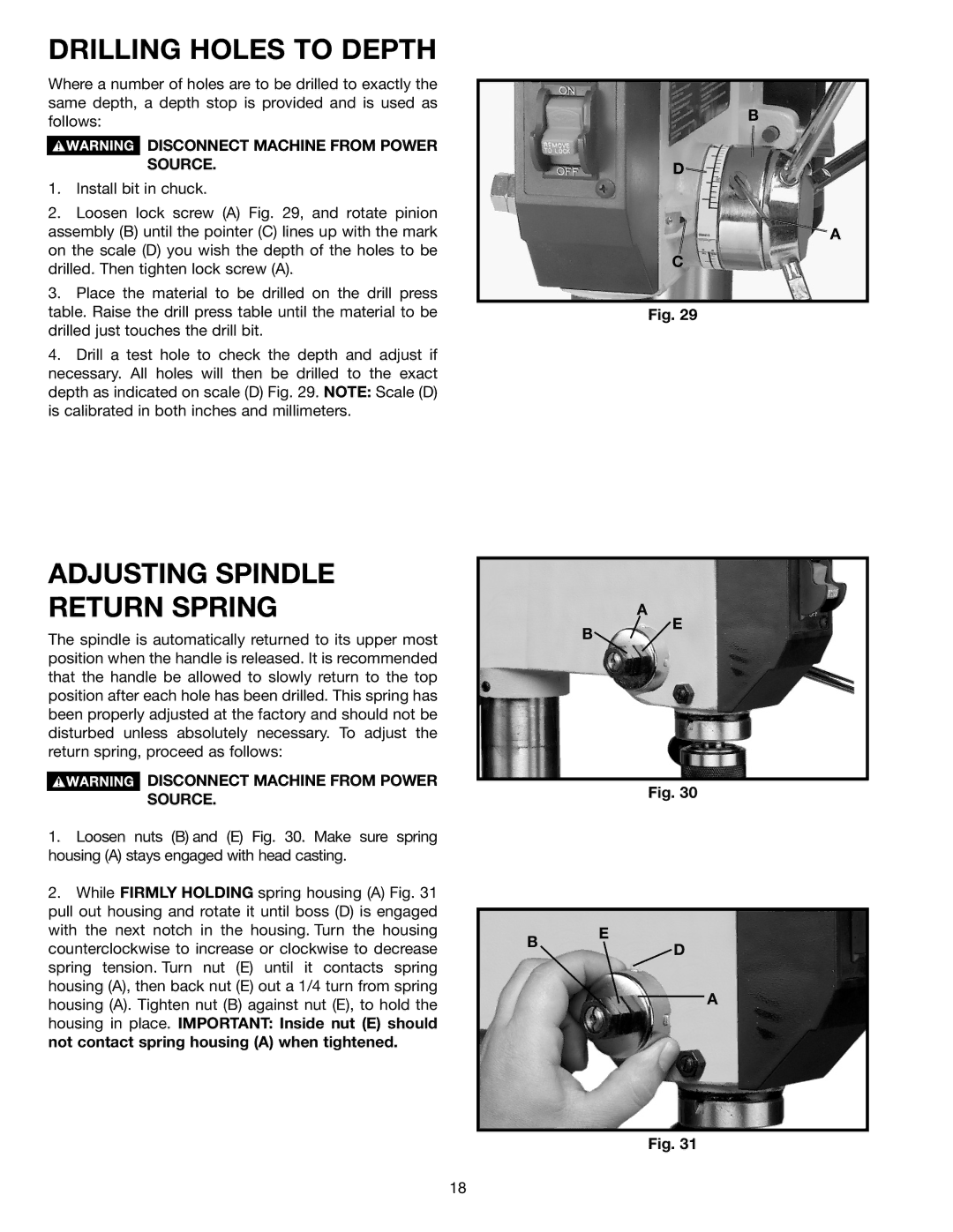 Delta DP400 instruction manual Drilling Holes to Depth, Adjusting Spindle Return Spring 