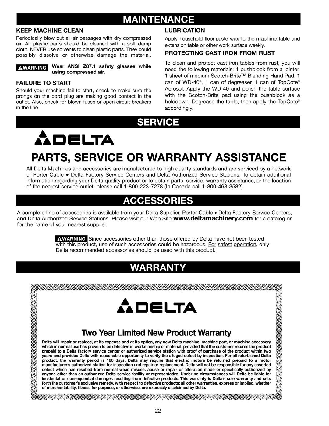 Delta DP400 instruction manual Maintenance, Service, Accessories, Warranty 