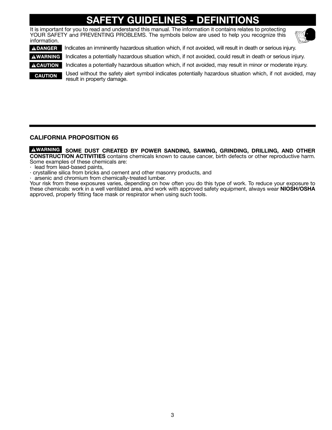 Delta DP400 instruction manual Safety Guidelines Definitions, California Proposition 