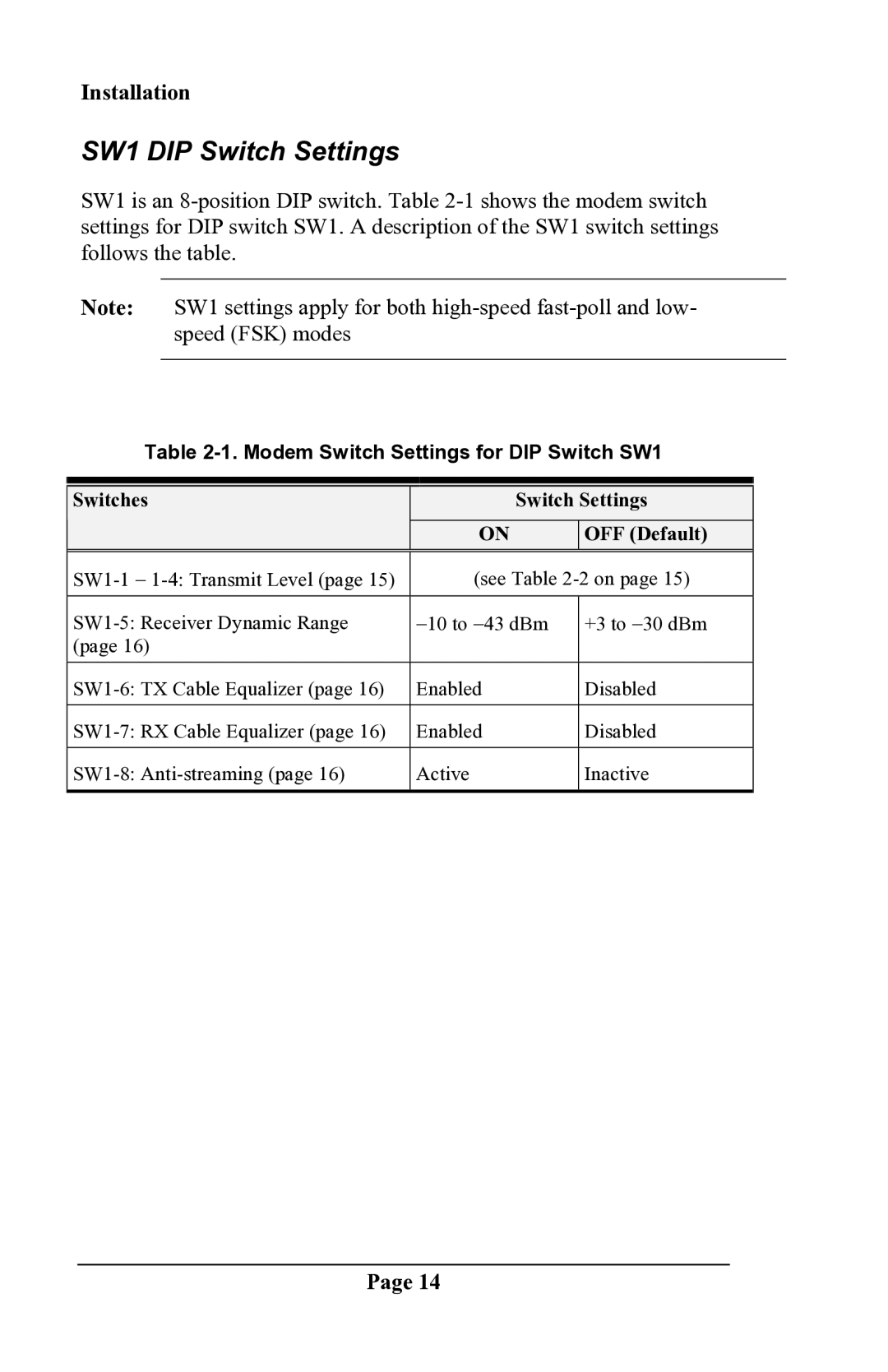 Delta DSP9612 manual SW1 DIP Switch Settings 