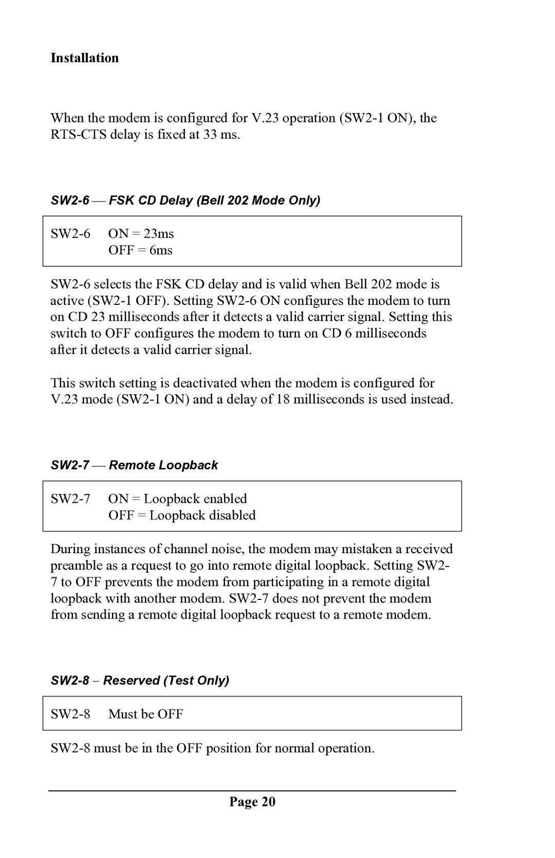 Delta DSP9612 manual SW2-6  FSK CD Delay Bell 202 Mode Only 