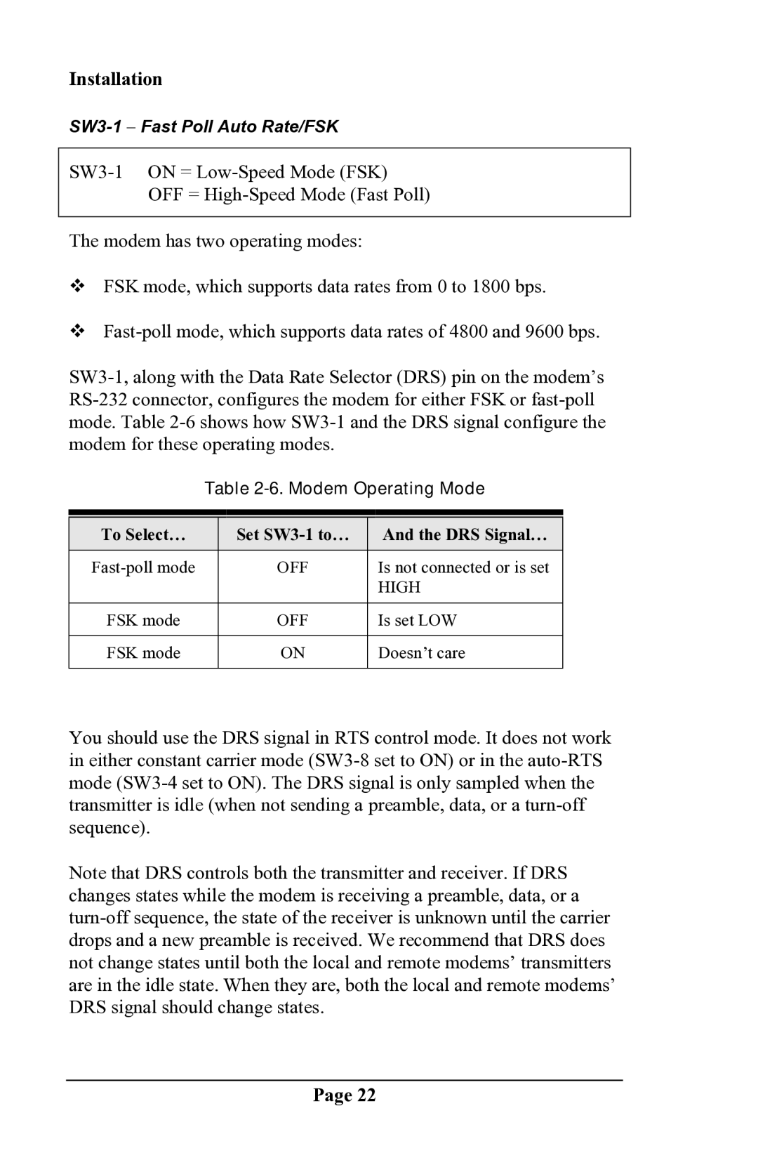 Delta DSP9612 manual SW3-1 − Fast Poll Auto Rate/FSK 