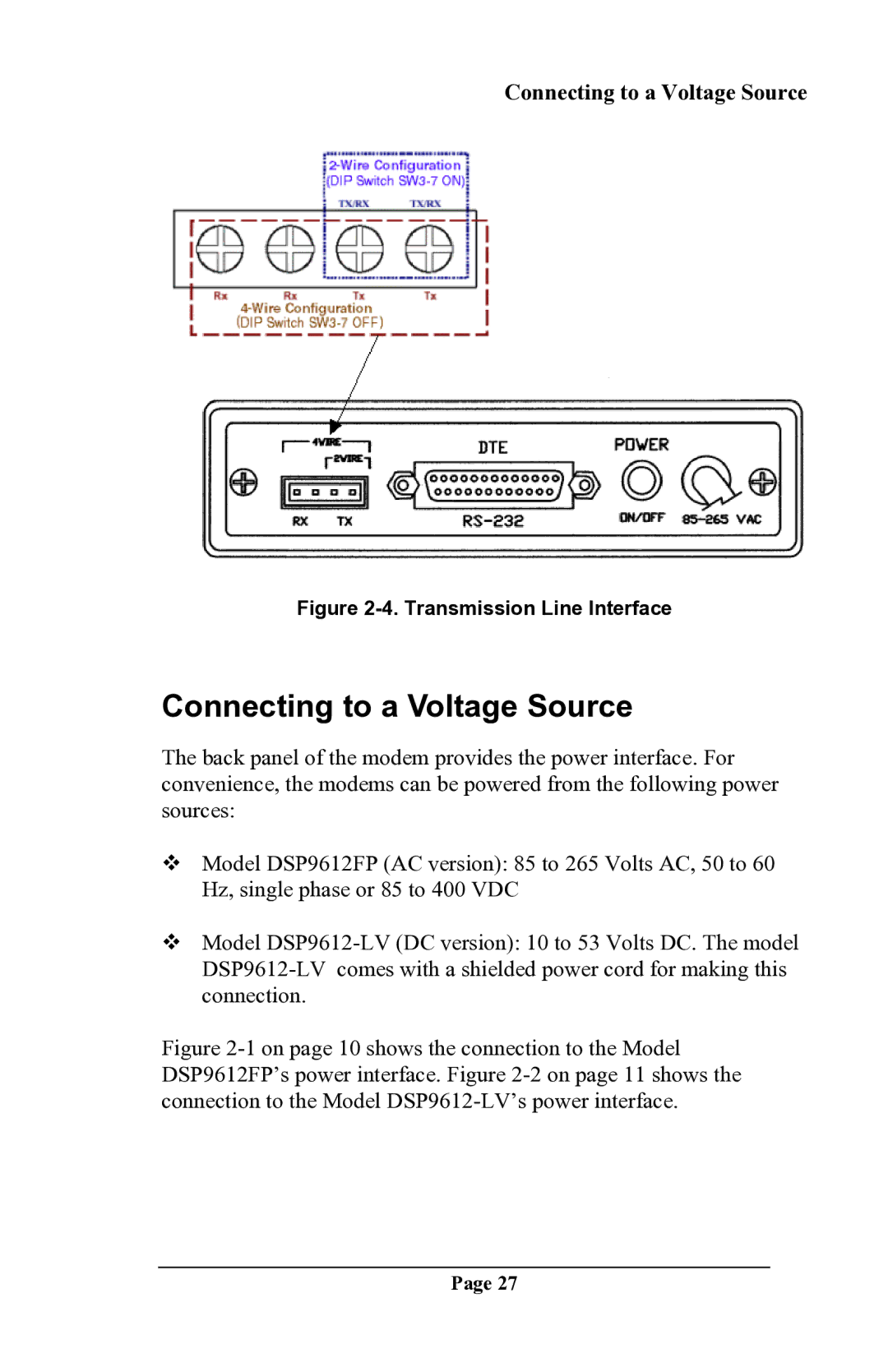 Delta DSP9612 manual Connecting to a Voltage Source, Transmission Line Interface 