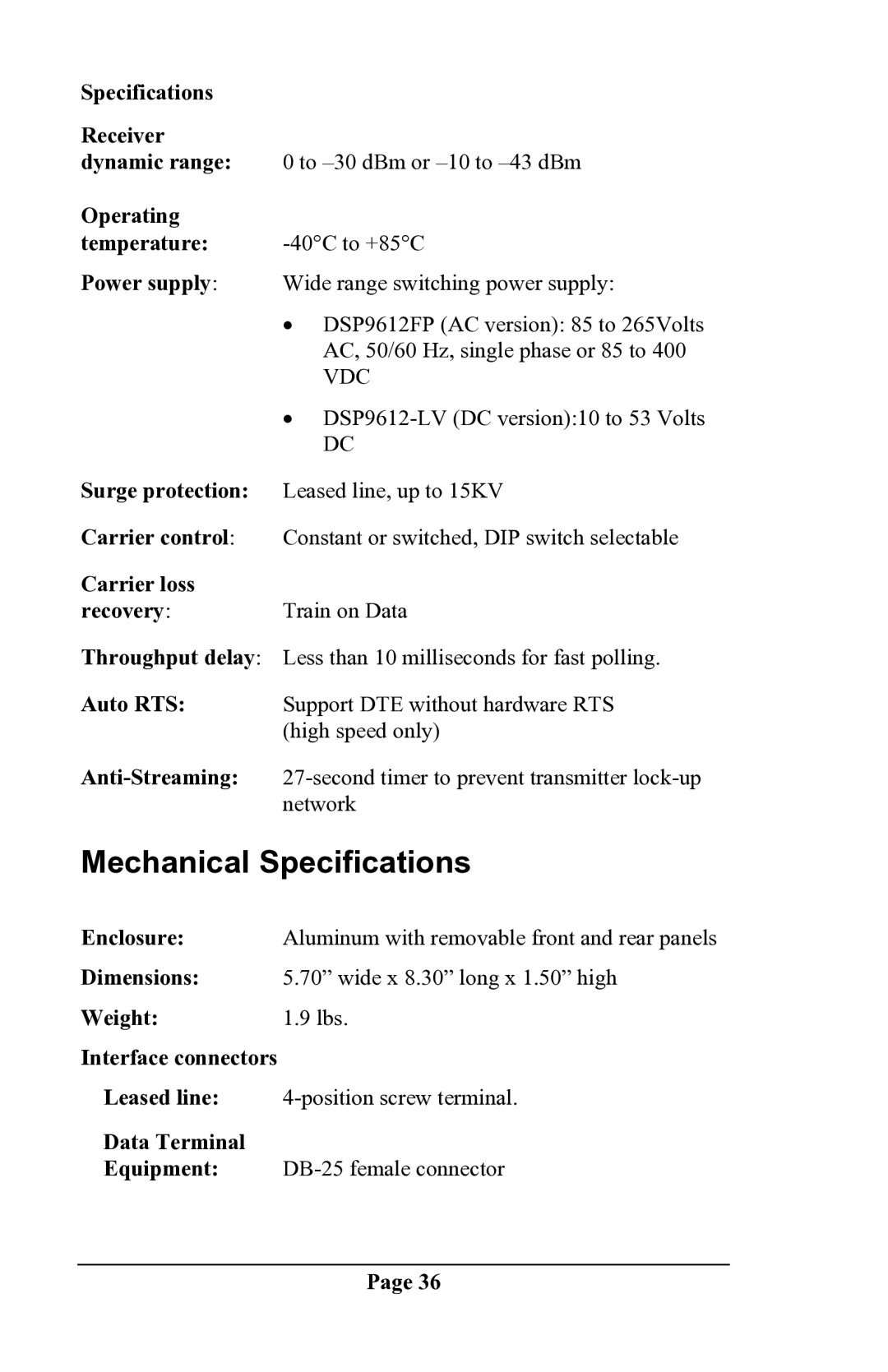 Delta DSP9612 manual Mechanical Specifications, Power supply 