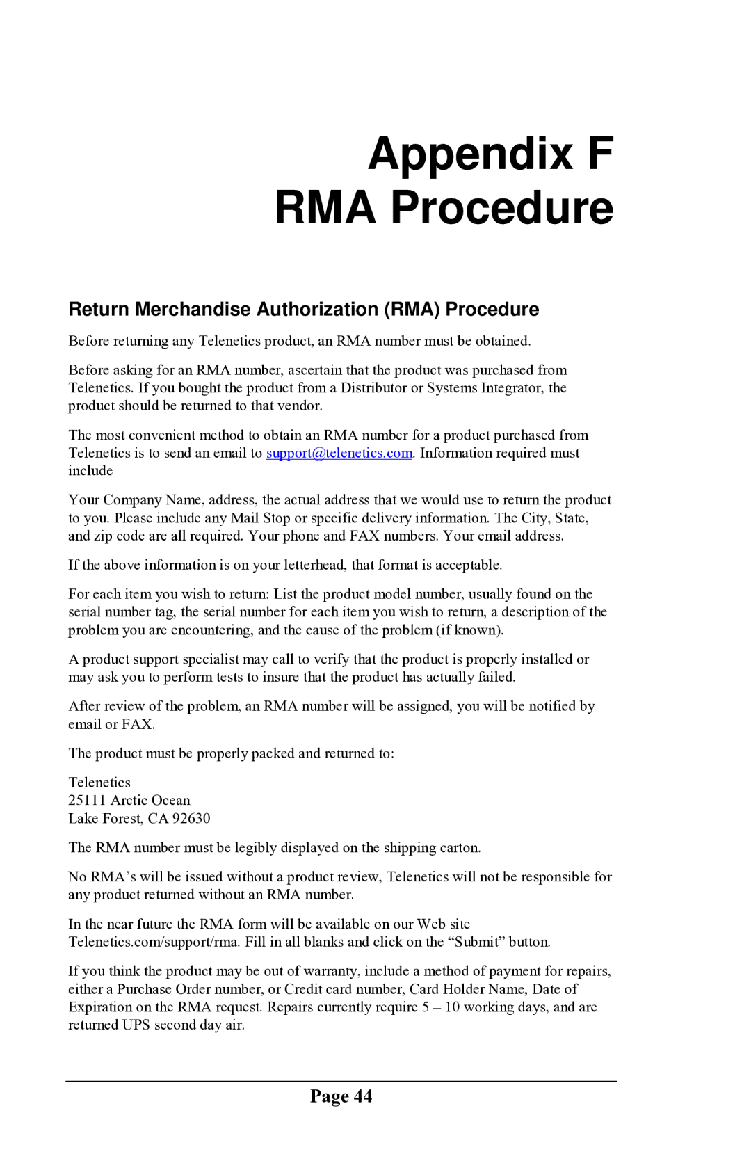 Delta DSP9612 manual Appendix F RMA Procedure, Return Merchandise Authorization RMA Procedure 