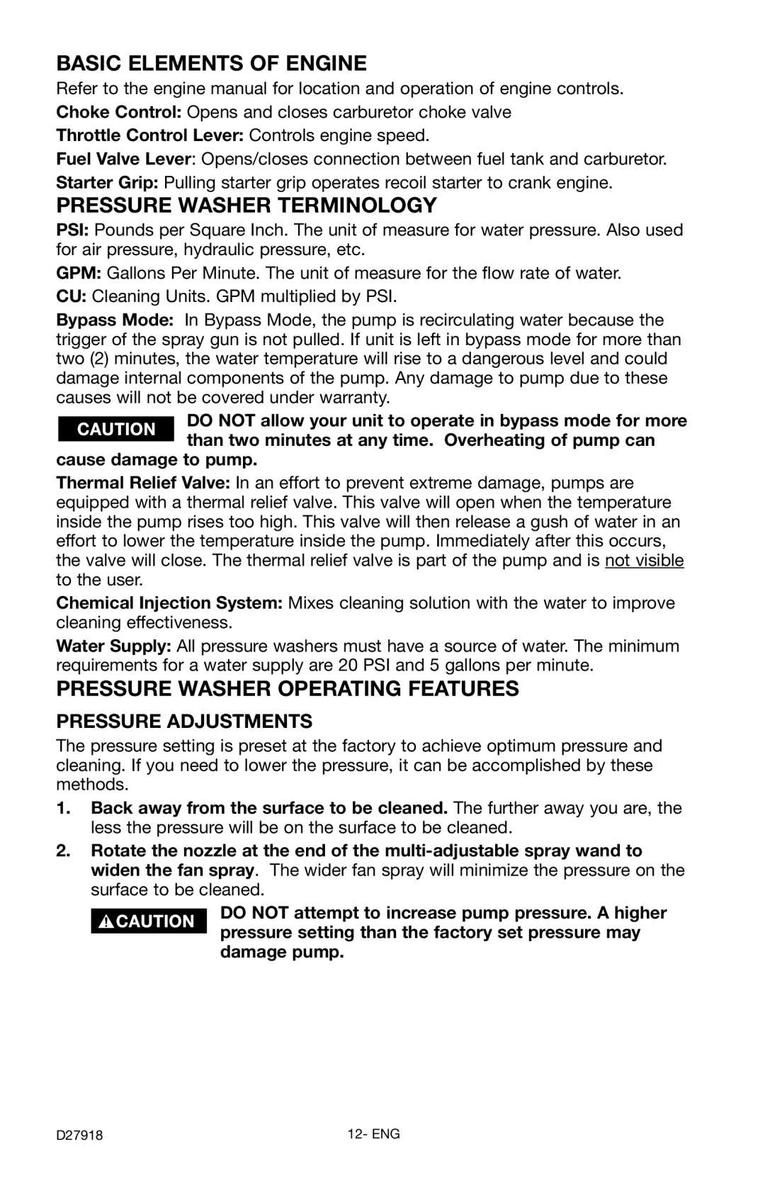 Delta DT2400CS instruction manual Basic Elements of Engine, Pressure Washer Terminology, Pressure Washer Operating Features 