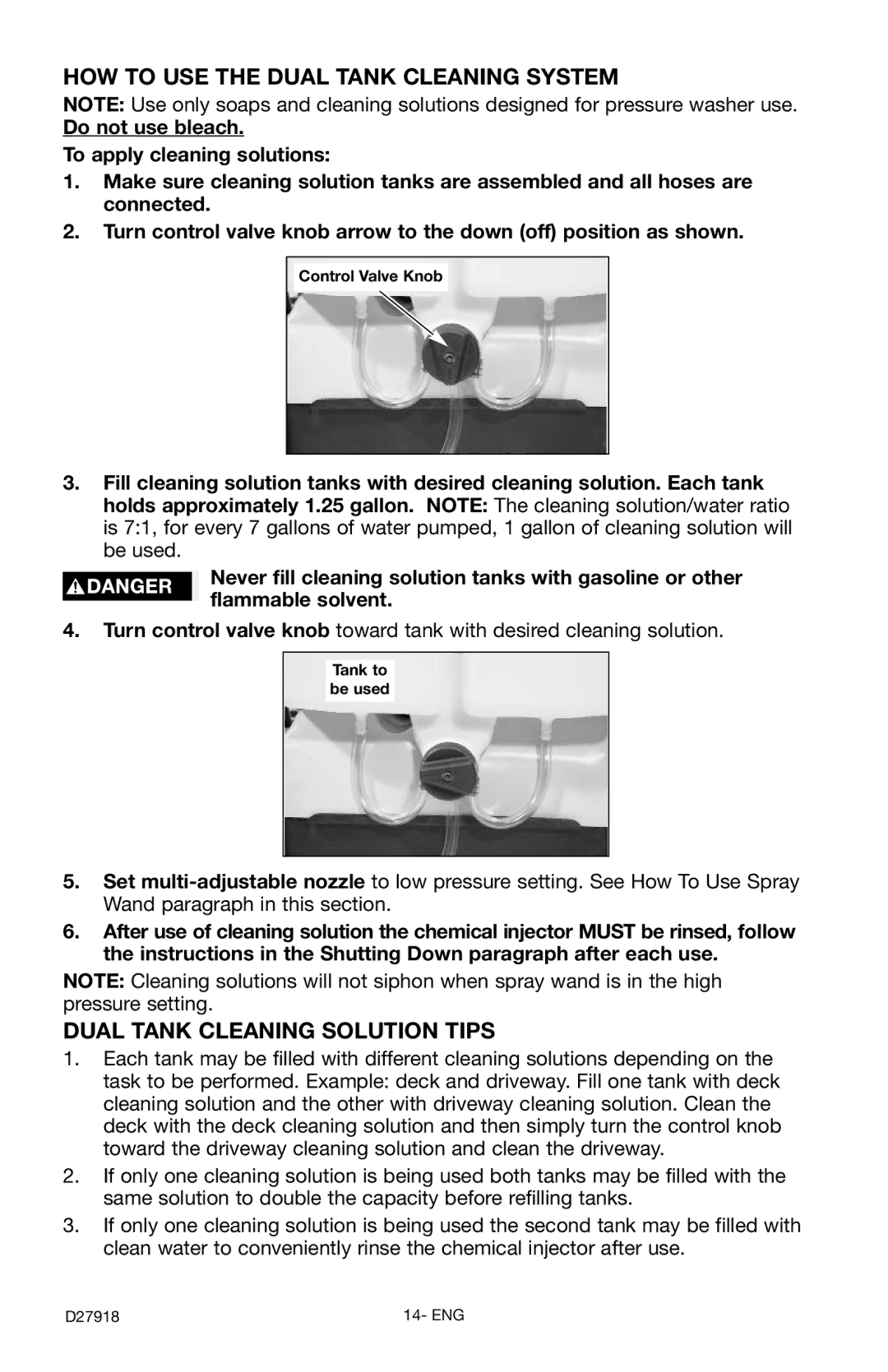 Delta DT2400CS instruction manual HOW to USE the Dual Tank Cleaning System, Dual Tank Cleaning Solution Tips 