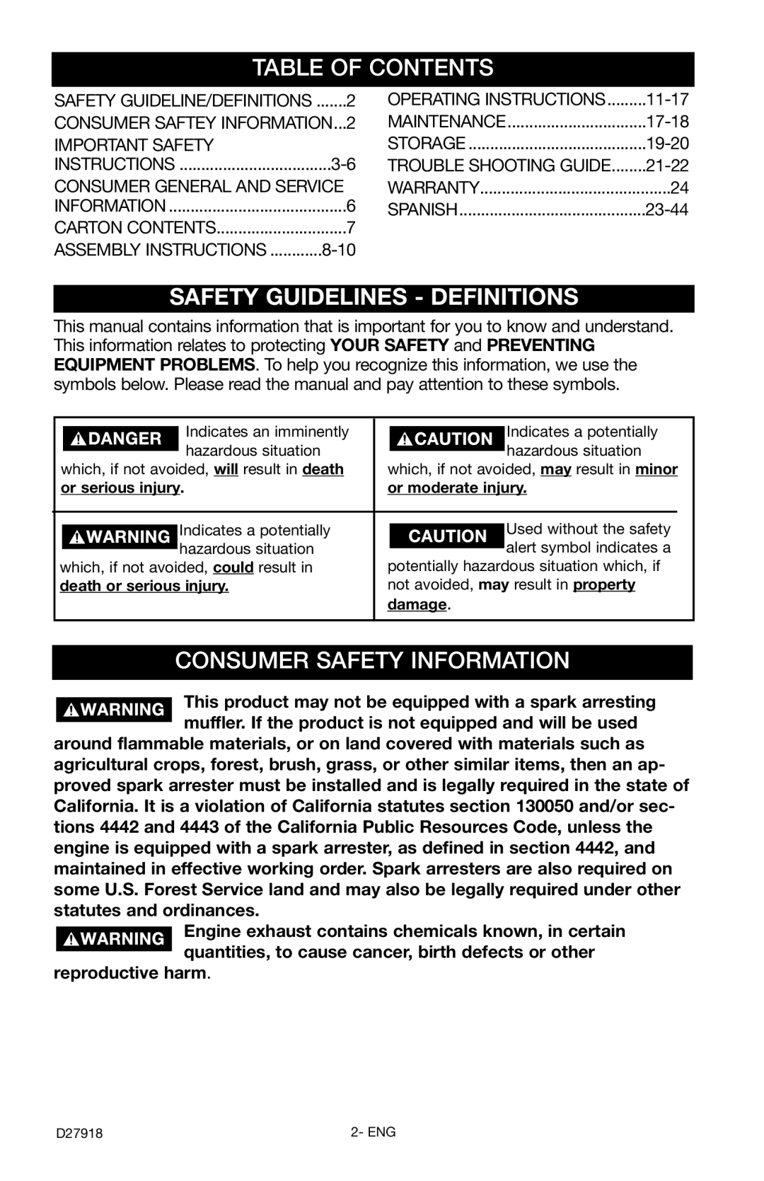 Delta DT2400CS instruction manual Table of Contents, Consumer Safety Information 