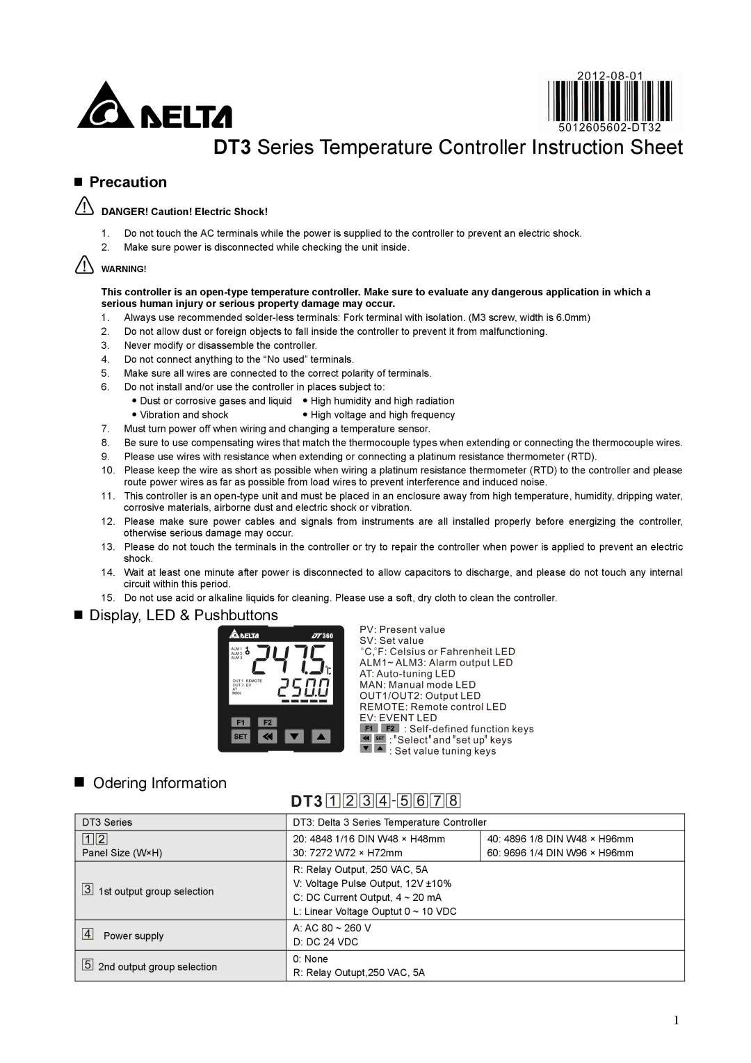 Delta instruction sheet DT3 Series Temperature Controller Instruction Sheet 