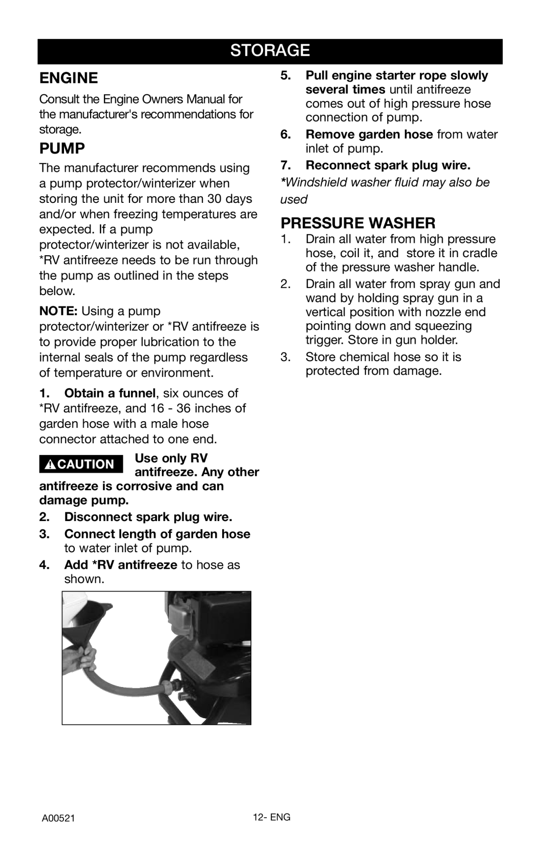 Delta DTH2450 instruction manual Storage, Engine, Pressure Washer 