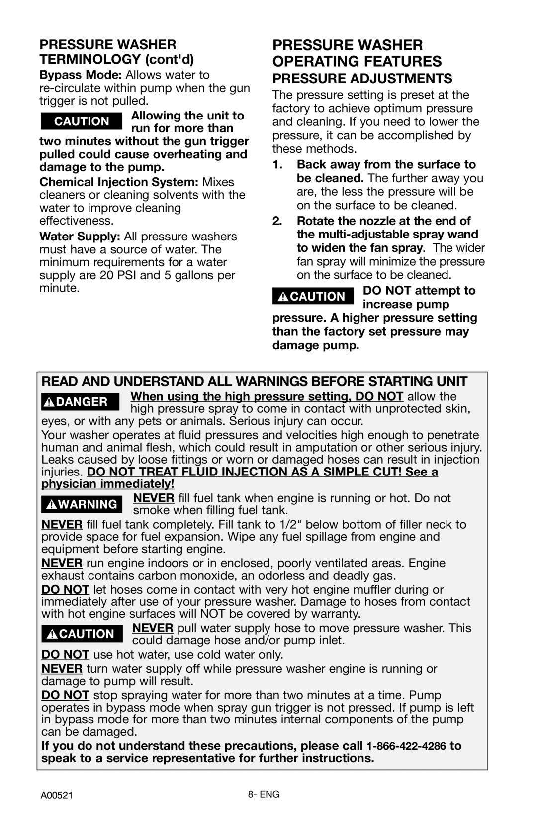 Delta DTH2450 Pressure Washer, Pressure Adjustments, Read and Understand ALL Warnings Before Starting Unit 