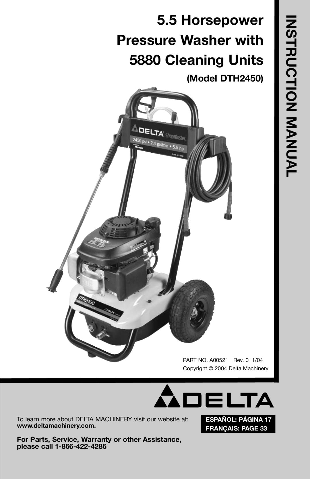 Delta instruction manual Horsepower Pressure Washer with 5880 Cleaning Units, Structioin N M Anual, Model DTH2450 