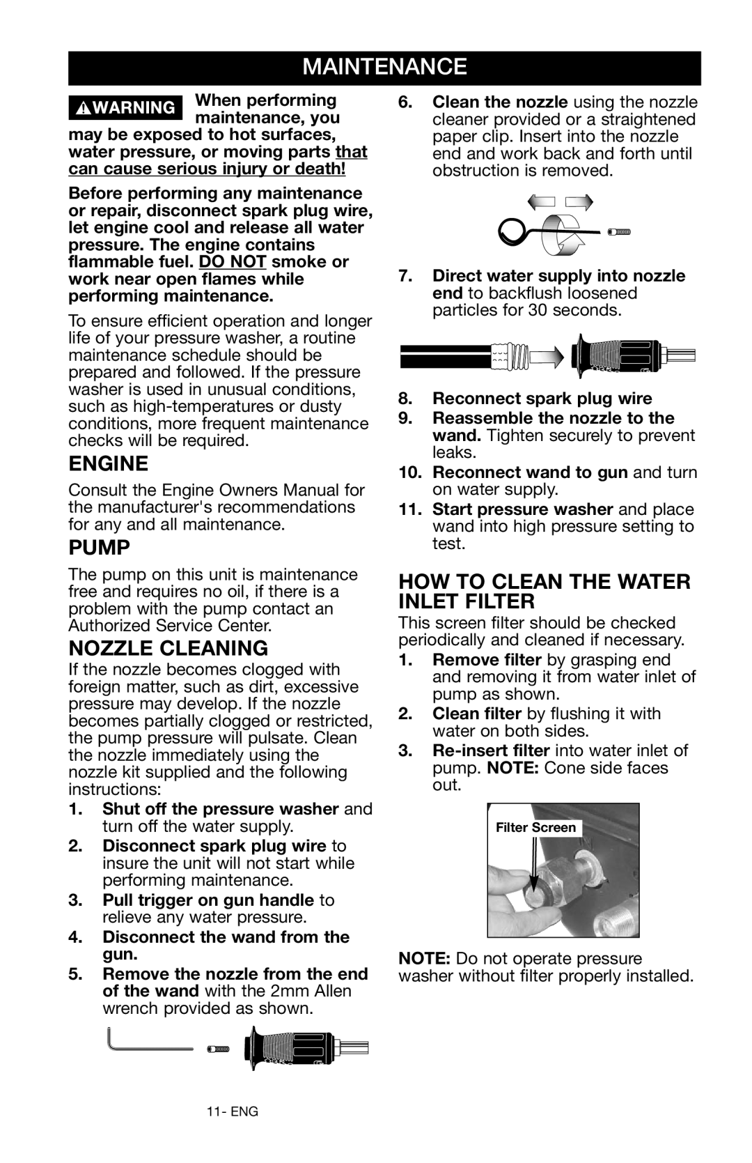 Delta DTH2450 instruction manual Maintenance, Engine, Pump, Nozzle Cleaning, How To Clean The Water Inlet Filter 