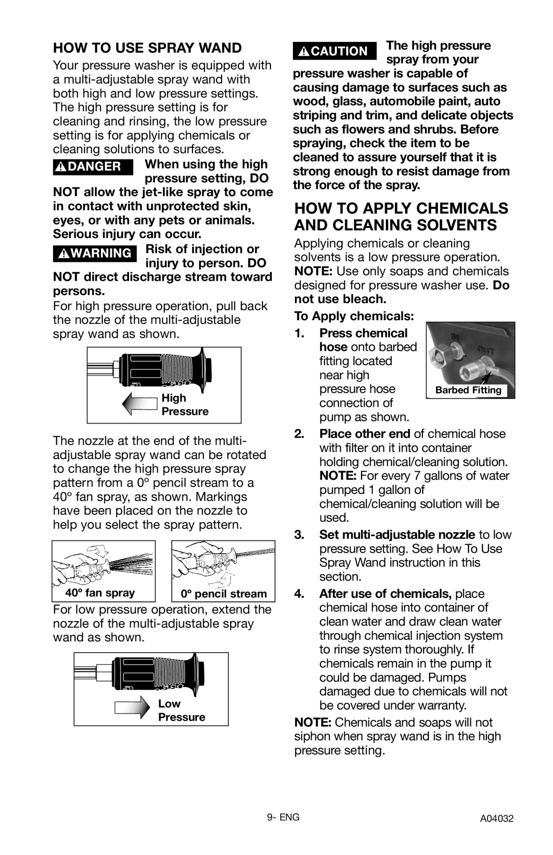 Delta DTT2450 HOW to Apply Chemicals and Cleaning Solvents, High Pressure, 40º fan spray 0º pencil stream, Low Pressure 